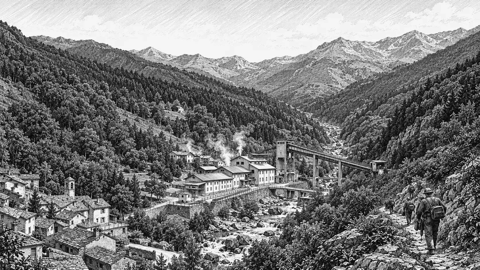 Una valle boscosa vista dall'alto: in basso a sinistra il paese di Traversella con i tetti in pietra e il campanile; lungo il torrente Bersella pieno di massi l'impianto della miniera con il silo di frantumazione e il ponte del nastro trasportatore, da cui sale il fumo; a destra tre minatori adulti con l'elmetto su un sentiero; dietro le montagne.